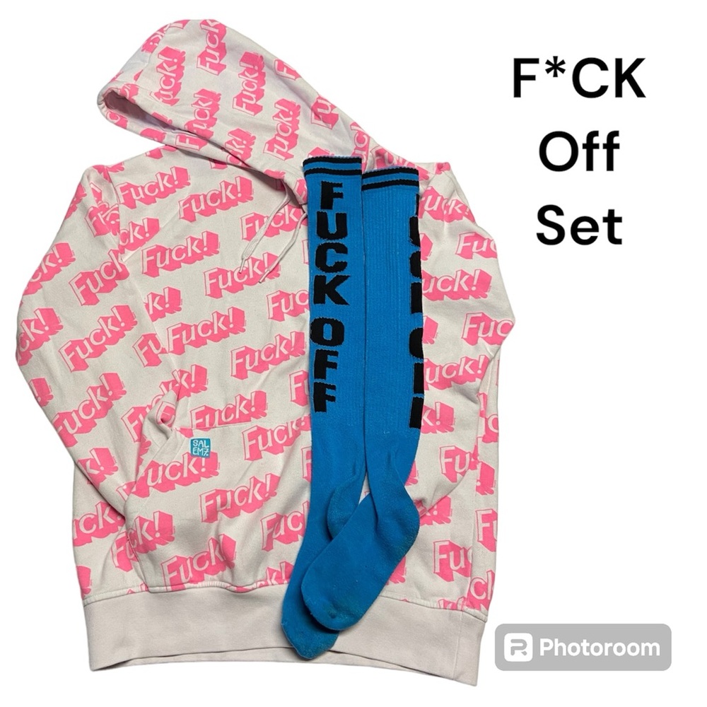 Salem7 Fu[k Hoodie Swearshirt F*CK Off Socks Women’s Sz Small Bundle Barbie Teal